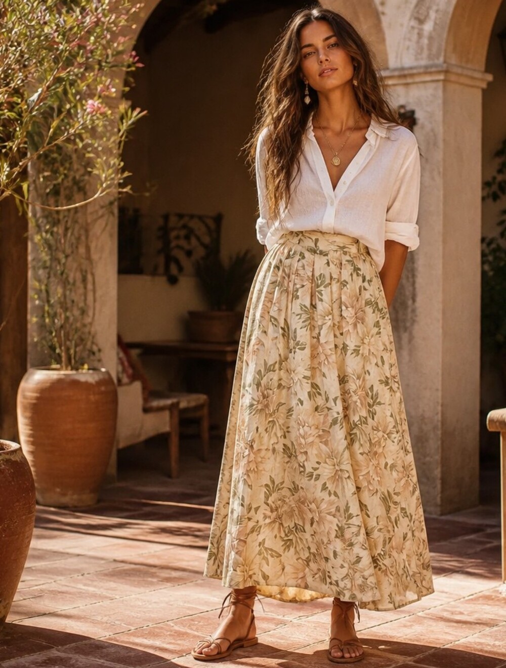 Norton McNaughton Floral Midi Skirt in Cream and Beige Y2k